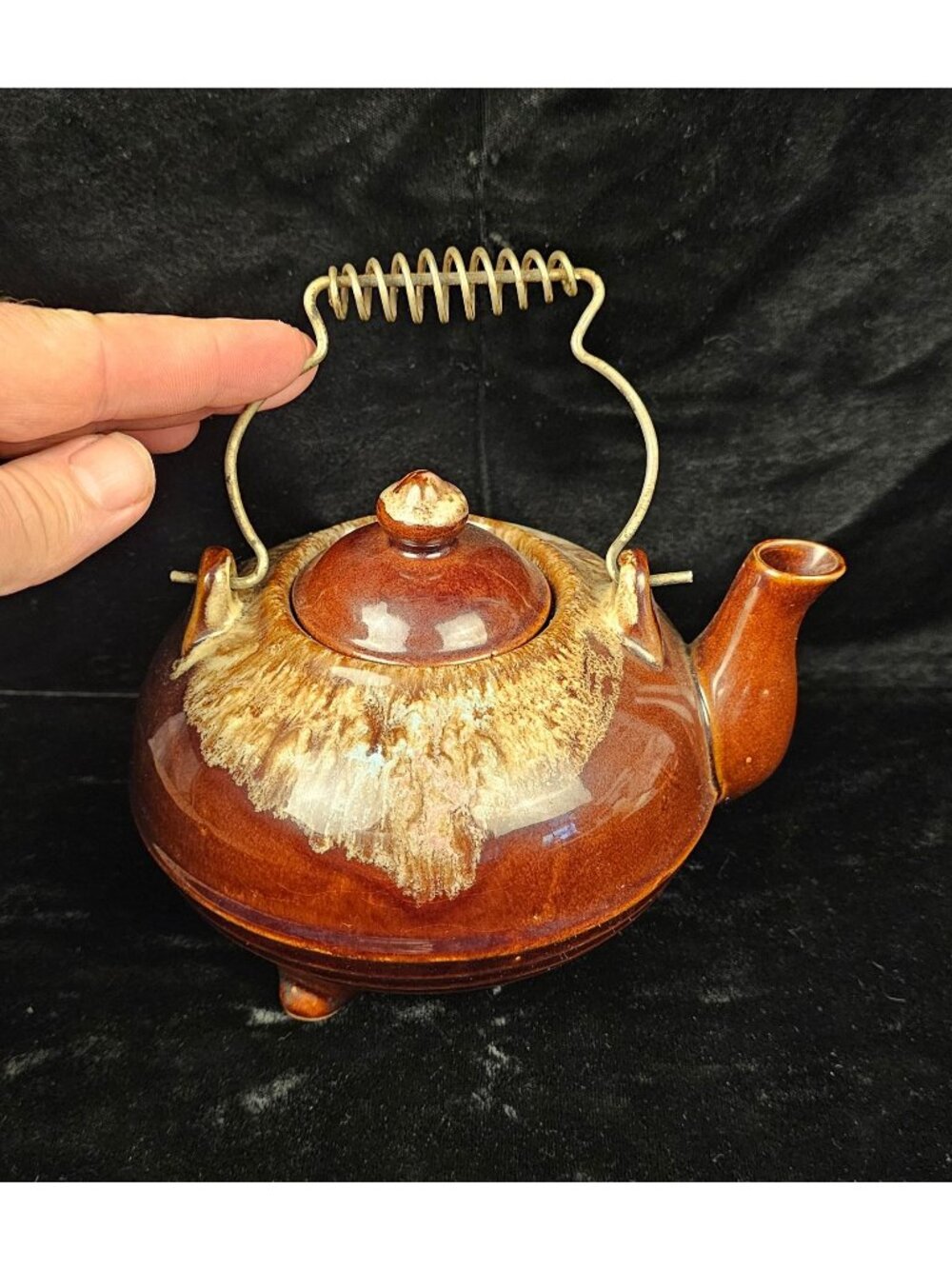 Vintage Ceramic Drip Glaze Teapot With Metal Coil Handle & Lid - 6" Tall & 6.5"
